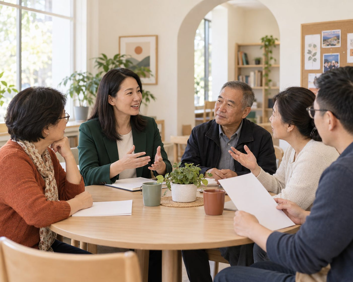 A coordinator talking with members at a community centre