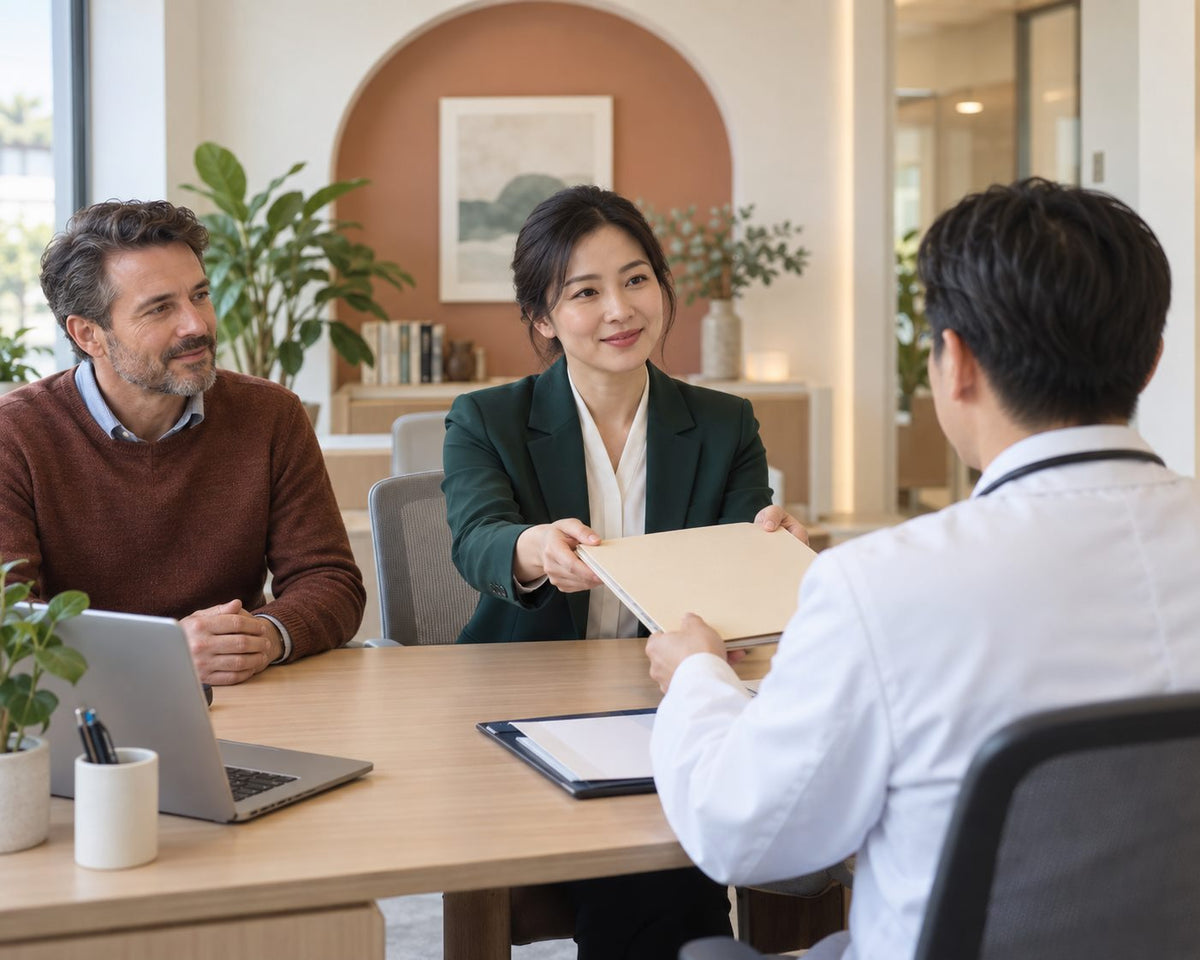 A coordinator handing a referral file to a specialist