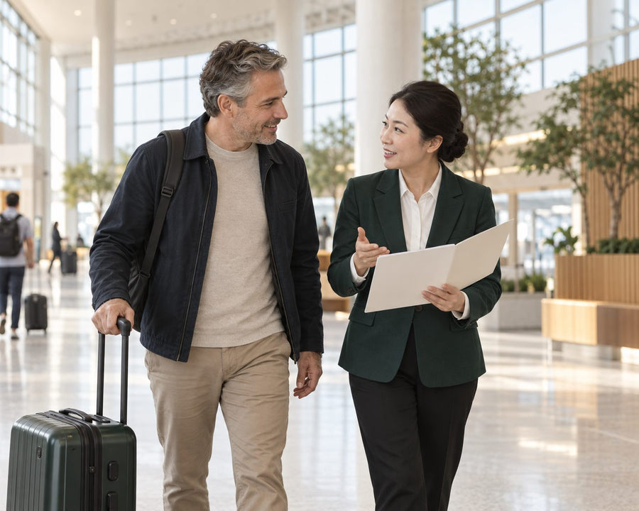 A coordinator meeting an international patient on arrival