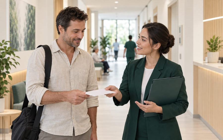 A coordinator handing a policyholder an appointment slip outside a specialist clinic