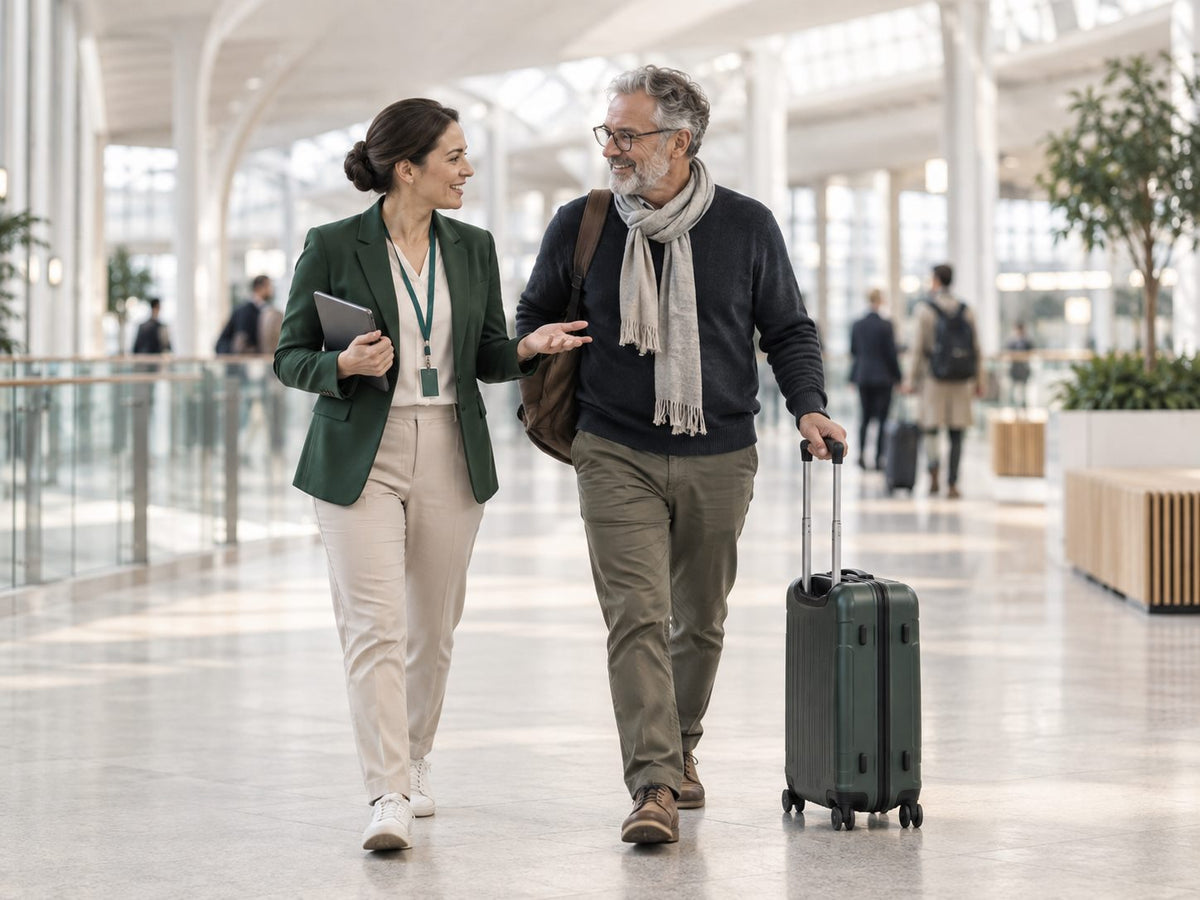 A coordinator accompanying a patient through a station concourse