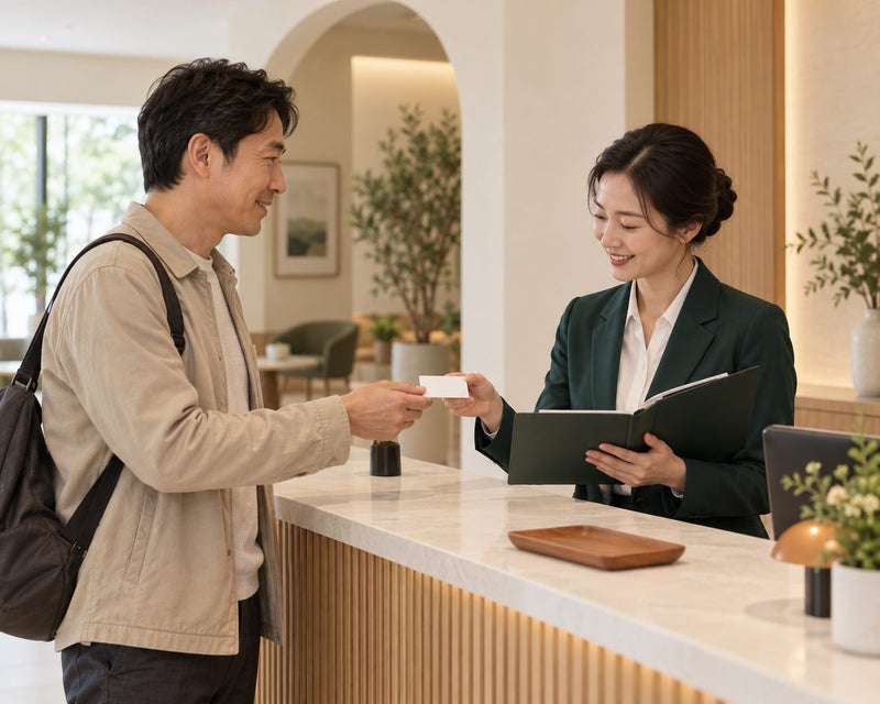 A member presenting a benefit card at the service desk