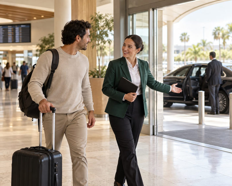 A coordinator meeting an arriving patient and leading him to a waiting car