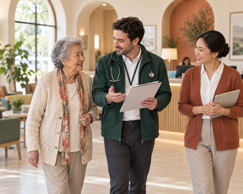 A doctor and coordinator walking with an older resident at a care community