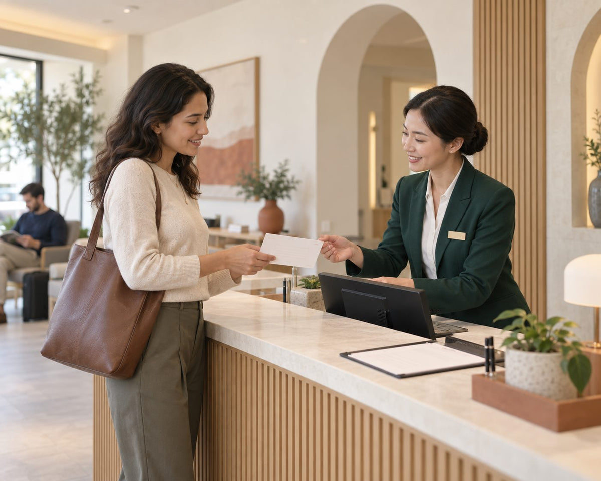 An employee checking in at the service desk with a benefit referral