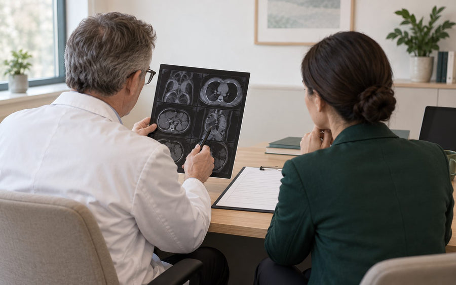 A specialist reviewing imaging with a coordinator