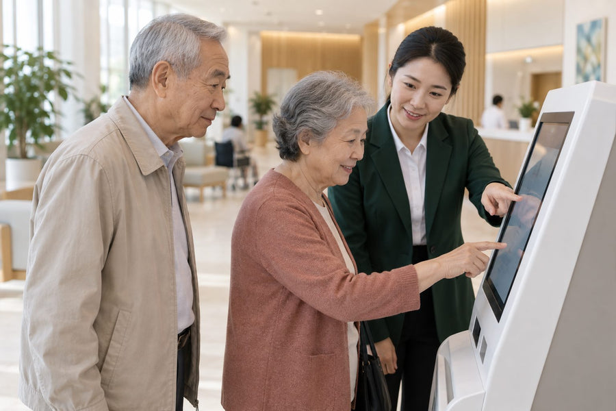 A coordinator helping an older couple at a hospital self-service kiosk