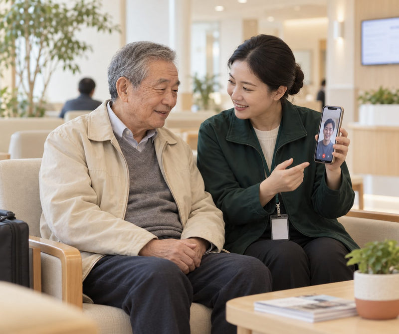 An escort with an older patient, on a video call with his son