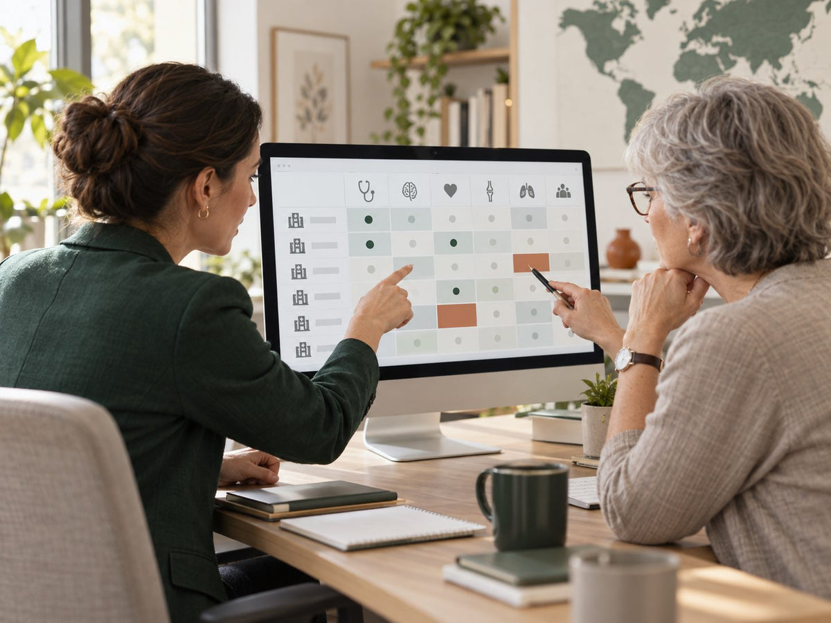 A coordinator and a patient comparing hospitals and departments on screen