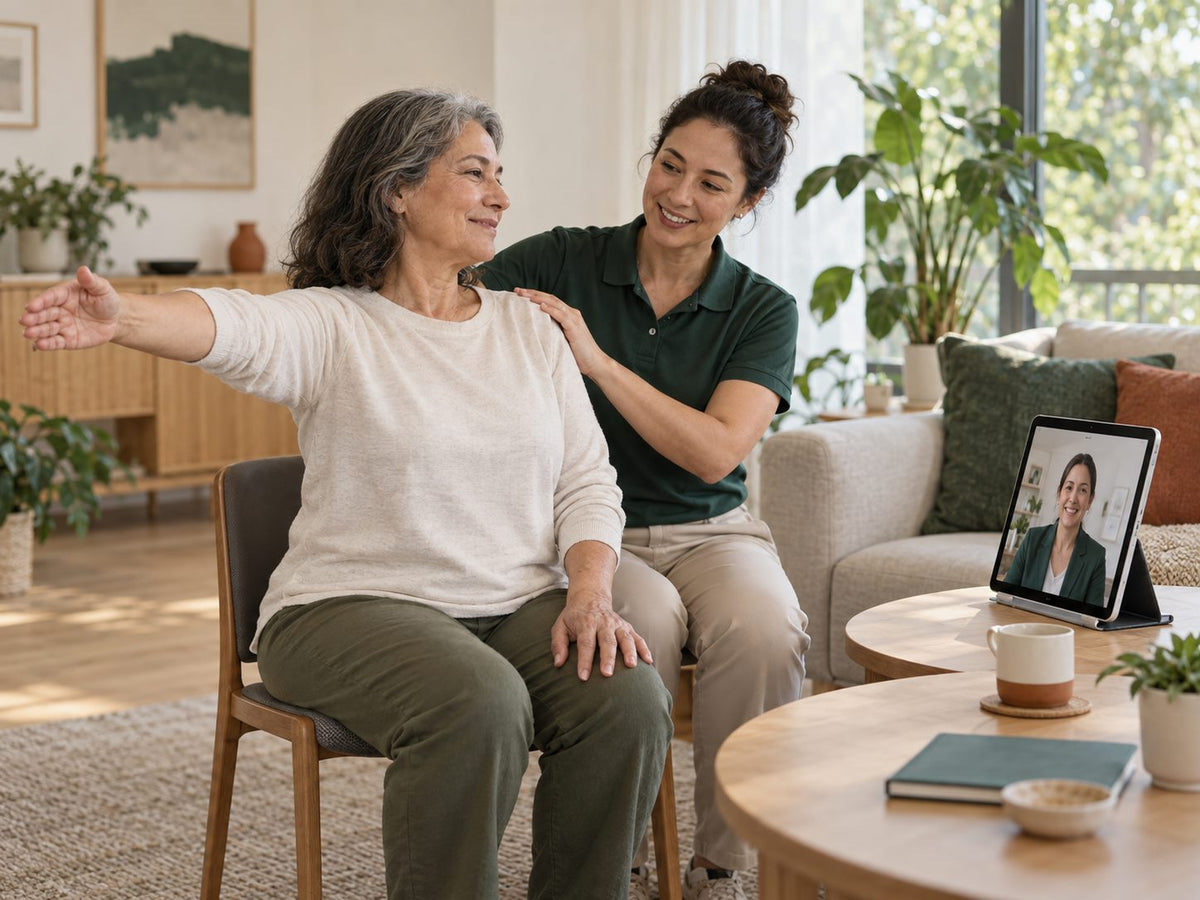 A patient doing rehabilitation exercises at home with a video check-in