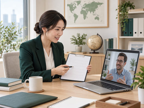 A medical consultant on a video call going through a care plan