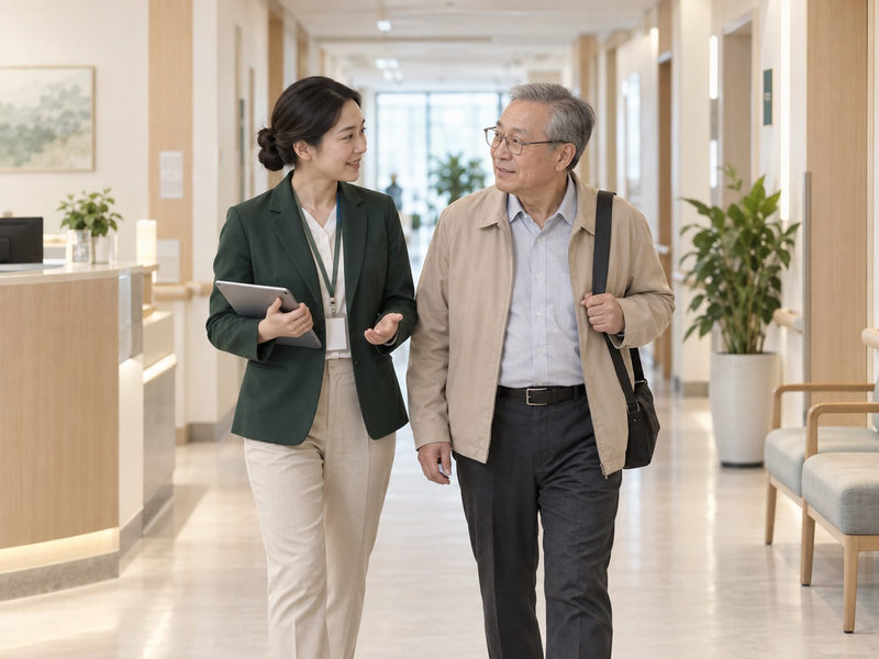 An escort walking with an older patient through a hospital corridor
