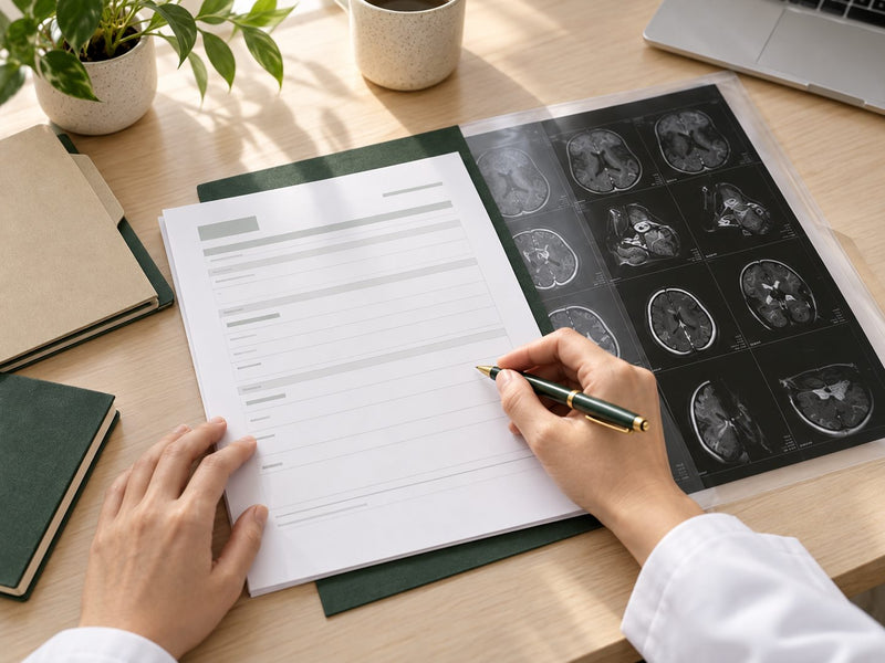 A specialist writing an opinion beside imaging scans