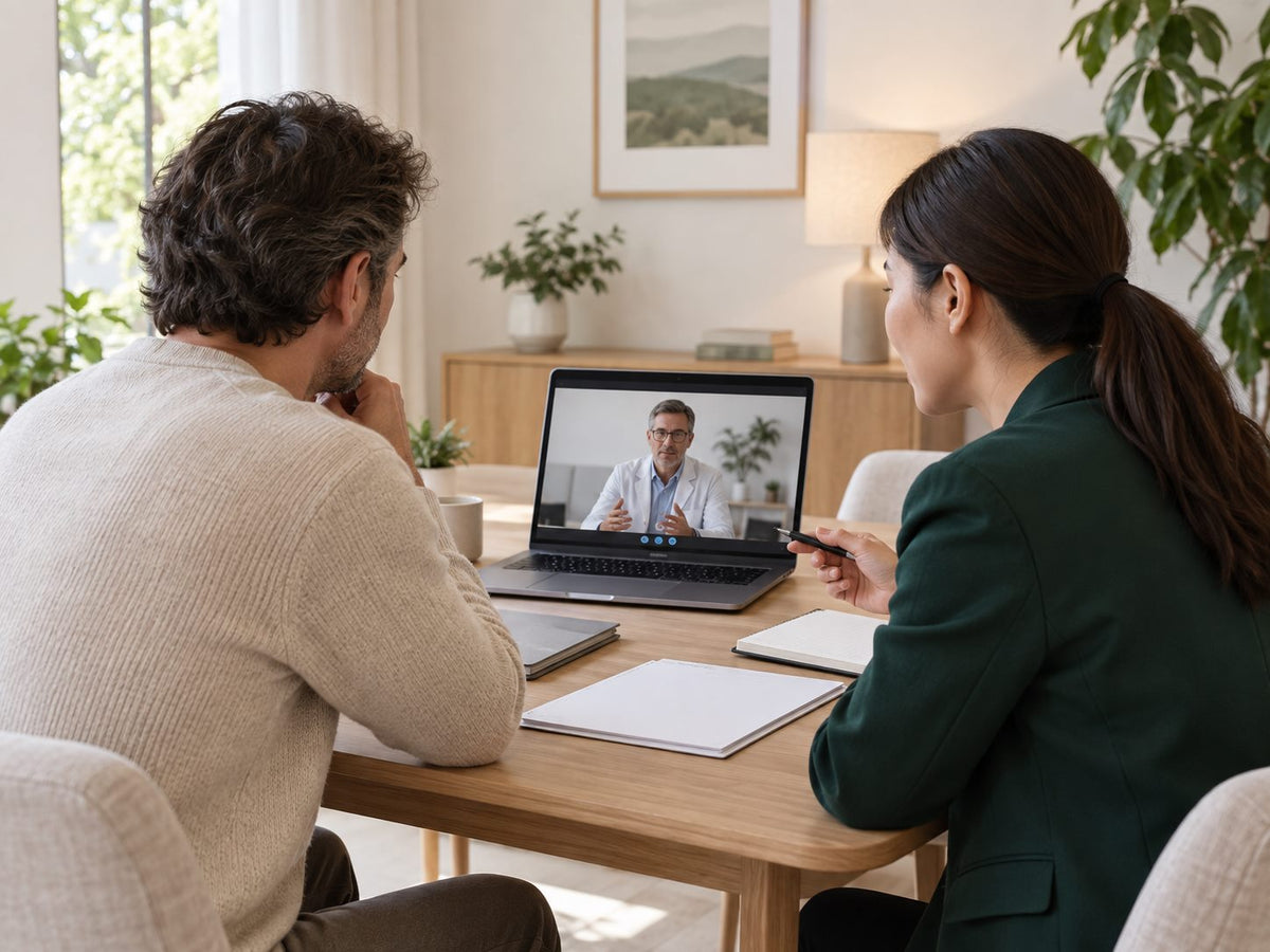 A patient and coordinator on a video consultation with a specialist