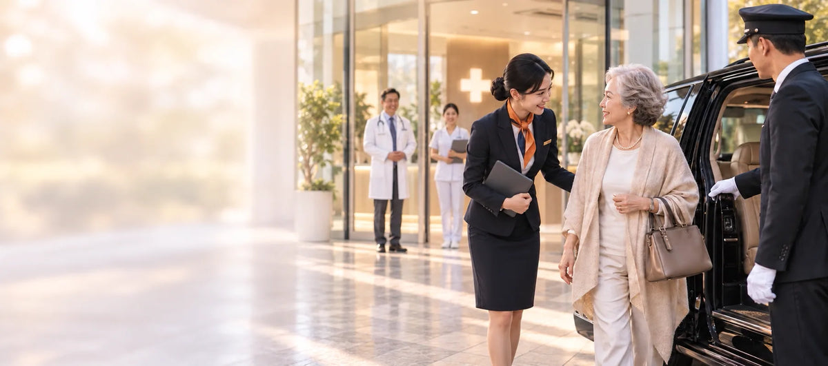 An escort helping an older patient at the hospital entrance