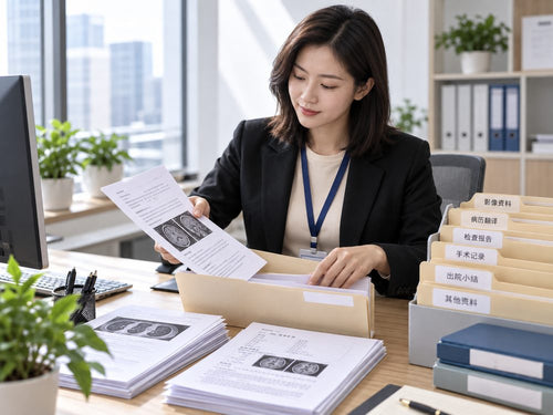 A coordinator sorting medical records into folders