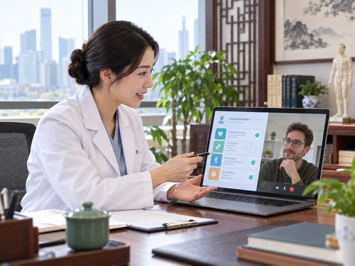 A medical consultant on a video call going through a care plan